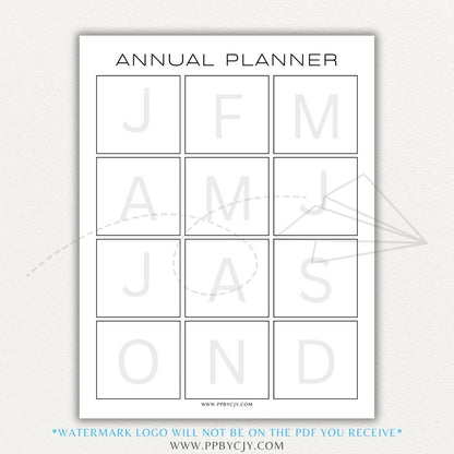 Annual Planner Printable PDF Template with sections for monthly planning, yearly goals, and key dates.