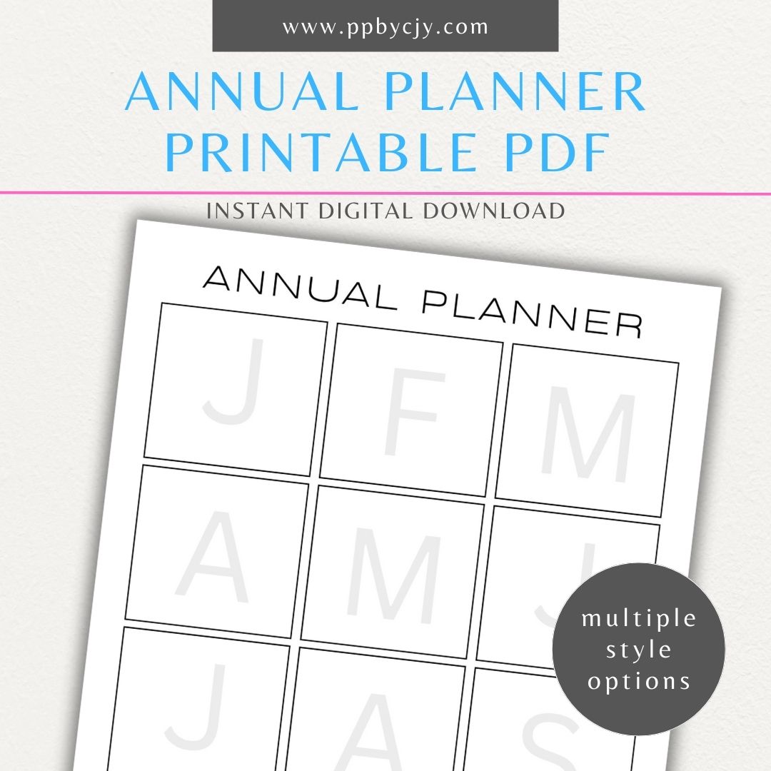 Annual Planner Printable PDF Template with sections for monthly planning, yearly goals, and key dates.