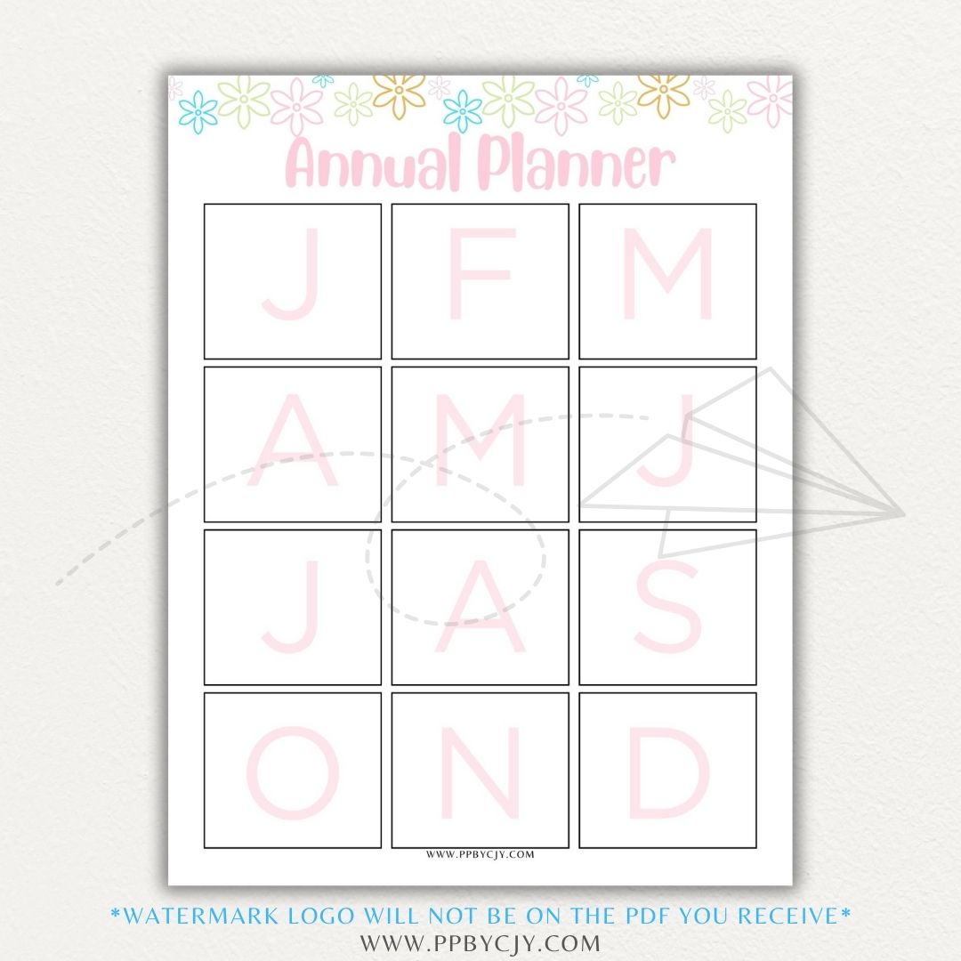 Annual Planner Printable PDF Template with sections for monthly planning, yearly goals, and key dates.