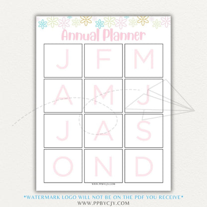 Annual Planner Printable PDF Template with sections for monthly planning, yearly goals, and key dates.