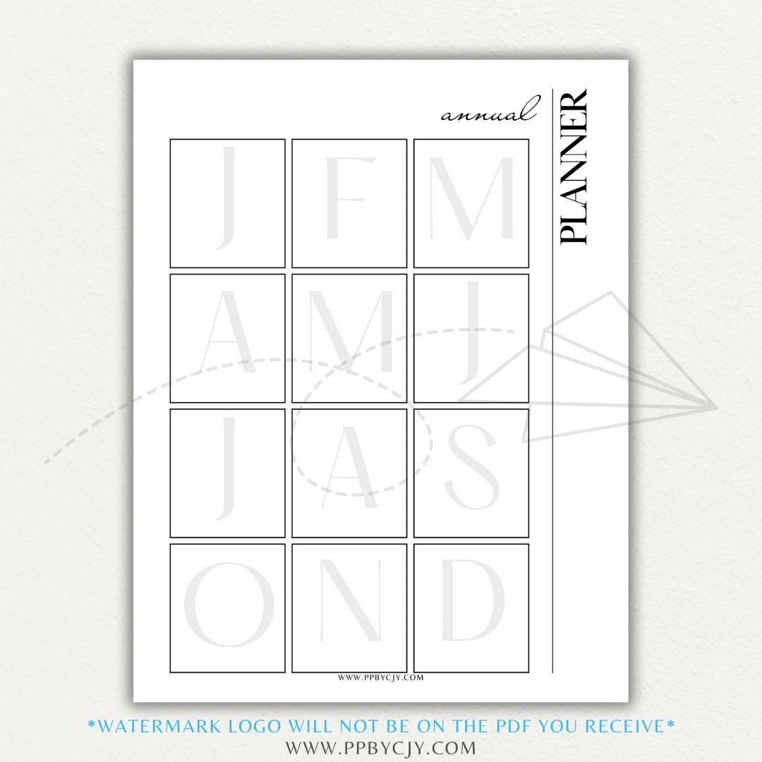 Annual Planner Printable PDF Template with sections for monthly planning, yearly goals, and key dates.