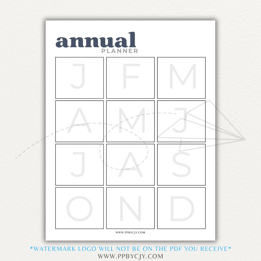 Annual Planner Printable PDF Template with sections for monthly planning, yearly goals, and key dates.