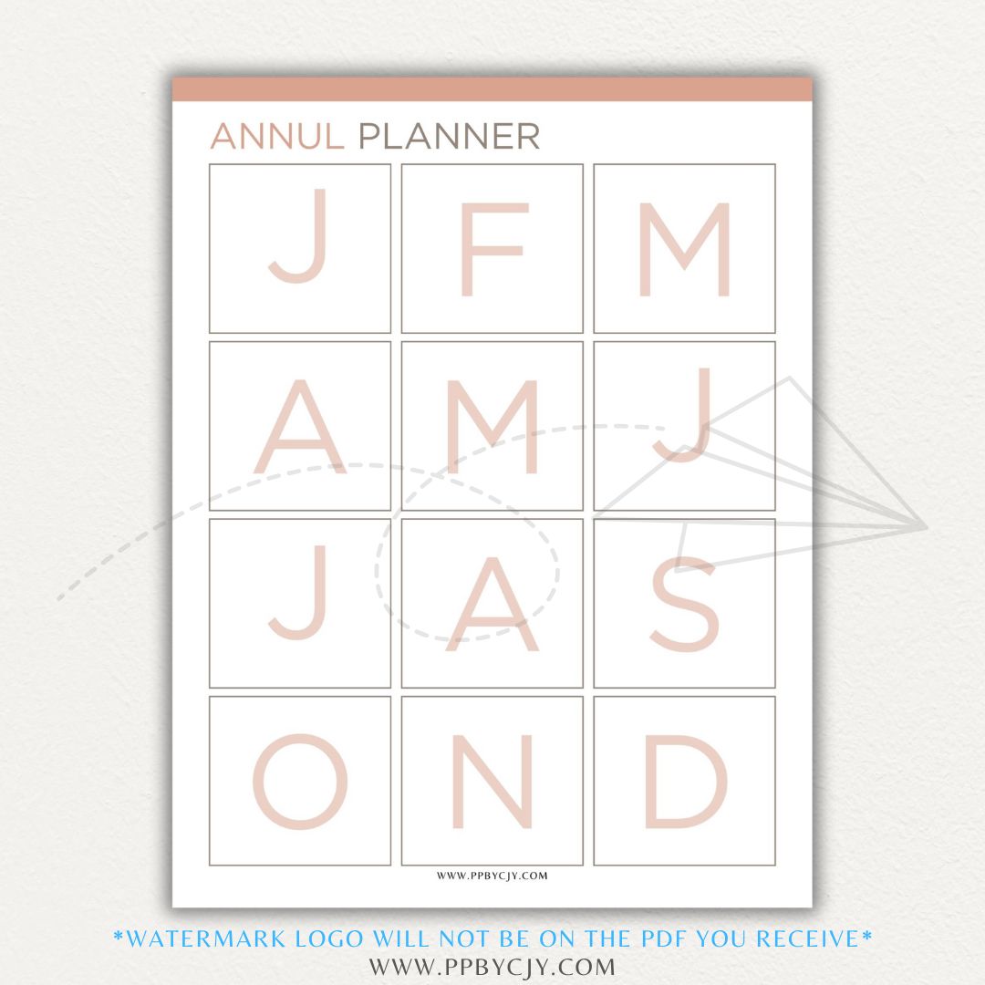 Annual Planner Printable PDF Template with sections for monthly planning, yearly goals, and key dates.