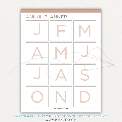 Annual Planner Printable PDF Template with sections for monthly planning, yearly goals, and key dates.