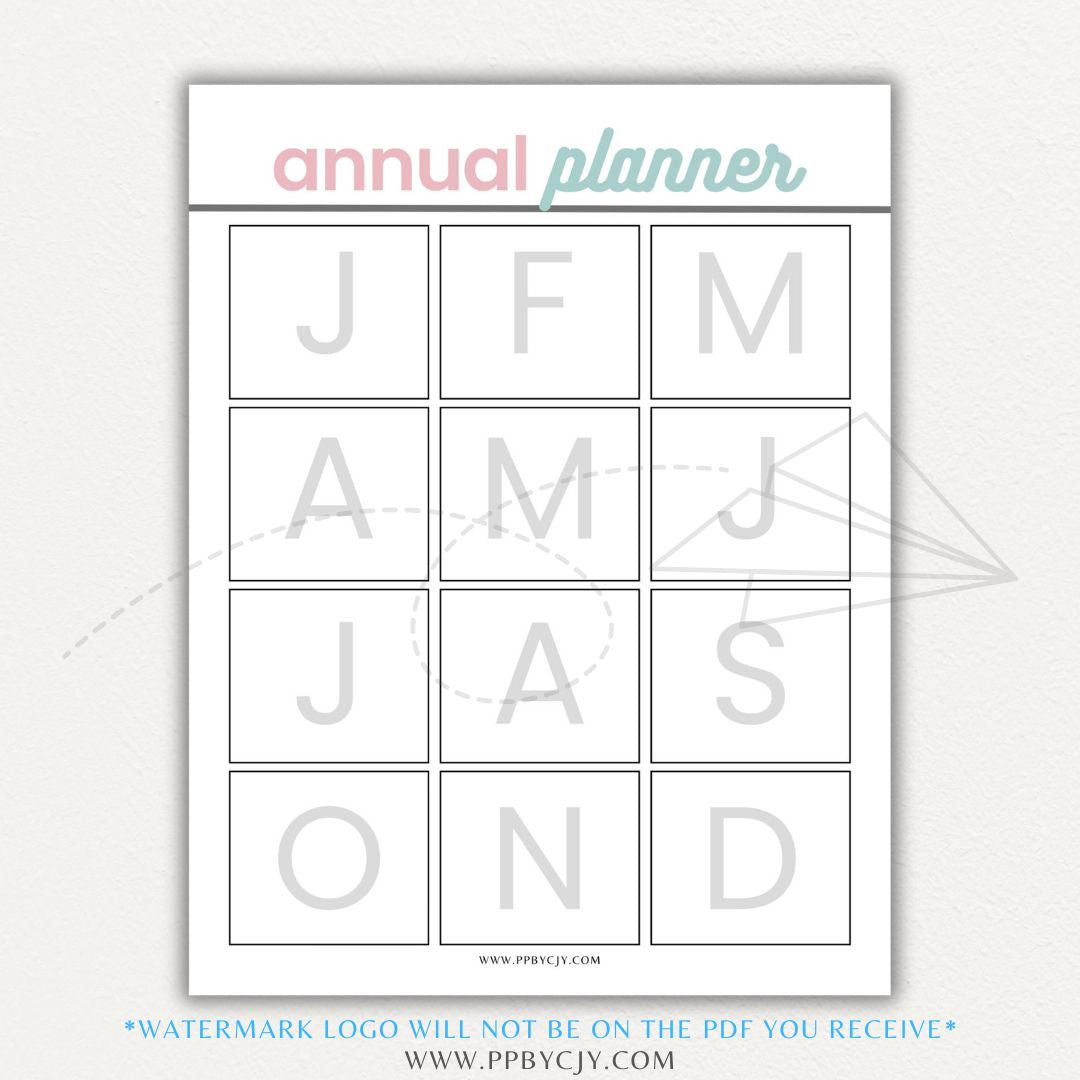 Annual Planner Printable PDF Template with sections for monthly planning, yearly goals, and key dates.