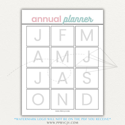 Annual Planner Printable PDF Template with sections for monthly planning, yearly goals, and key dates.