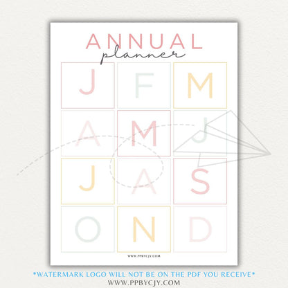 Annual Planner Printable PDF Template with sections for monthly planning, yearly goals, and key dates.