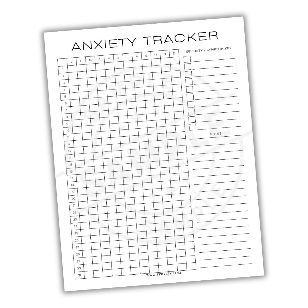 Anxiety tracker sheet with grid and text on a white background