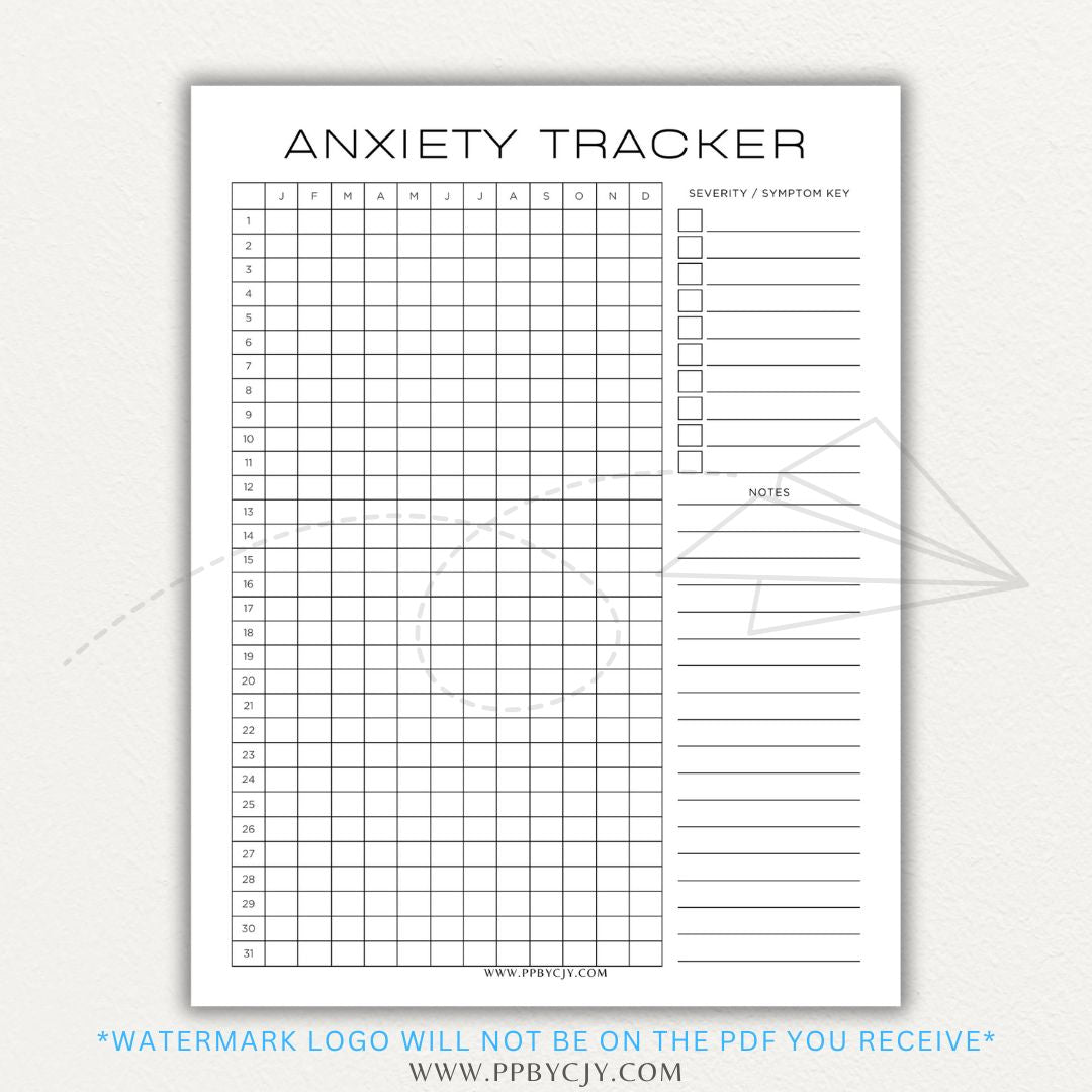 Anxiety tracker printable PDF template with sections for logging daily anxiety levels, triggers, coping strategies, and patterns for mental health awareness.

