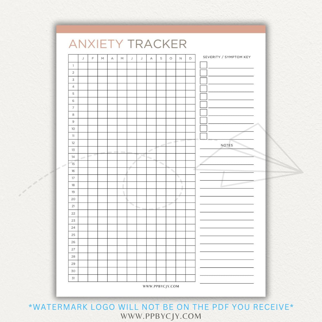 Anxiety tracker printable PDF template with sections for logging daily anxiety levels, triggers, coping strategies, and patterns for mental health awareness.

