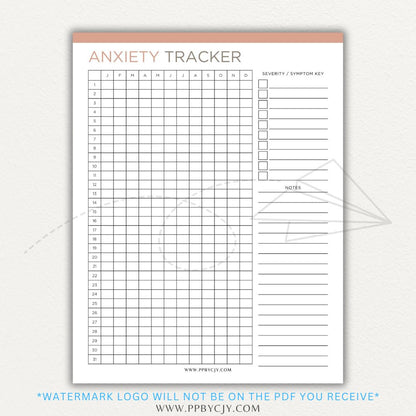 Anxiety tracker printable PDF template with sections for logging daily anxiety levels, triggers, coping strategies, and patterns for mental health awareness.

