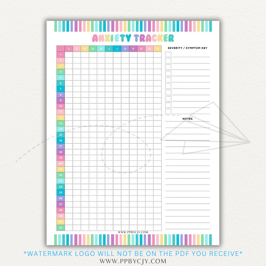 Anxiety tracker printable PDF template with sections for logging daily anxiety levels, triggers, coping strategies, and patterns for mental health awareness.

