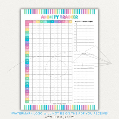 Anxiety tracker printable PDF template with sections for logging daily anxiety levels, triggers, coping strategies, and patterns for mental health awareness.

