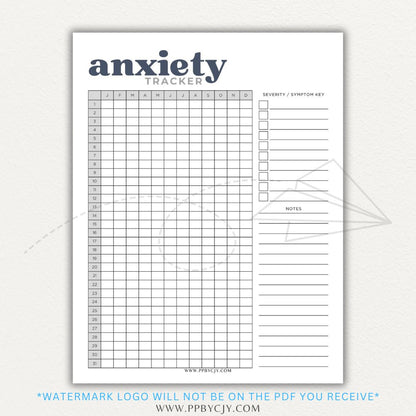 Anxiety tracker printable PDF template with sections for logging daily anxiety levels, triggers, coping strategies, and patterns for mental health awareness.

