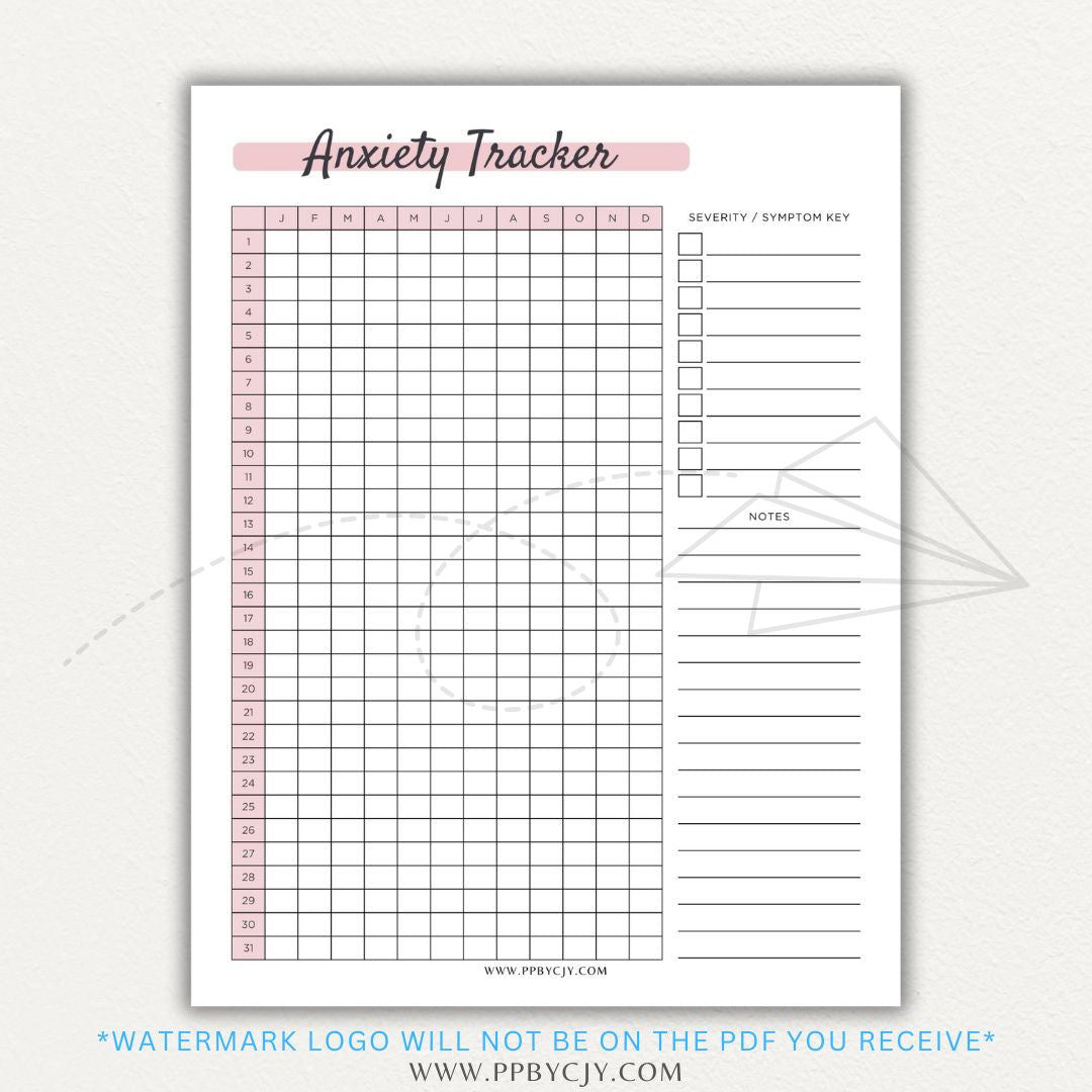 Anxiety tracker printable PDF template with sections for logging daily anxiety levels, triggers, coping strategies, and patterns for mental health awareness.

