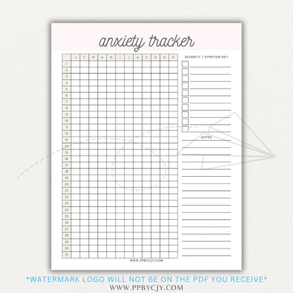 Anxiety tracker printable PDF template with sections for logging daily anxiety levels, triggers, coping strategies, and patterns for mental health awareness.

