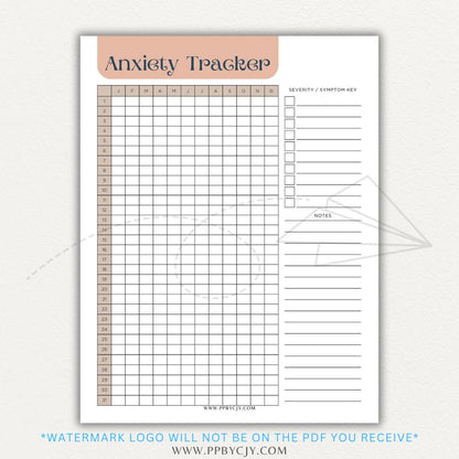 Anxiety tracker printable PDF template with sections for logging daily anxiety levels, triggers, coping strategies, and patterns for mental health awareness.

