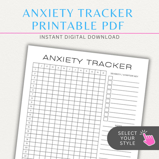 Anxiety tracker printable PDF template with sections for logging daily anxiety levels, triggers, coping strategies, and patterns for mental health awareness.

