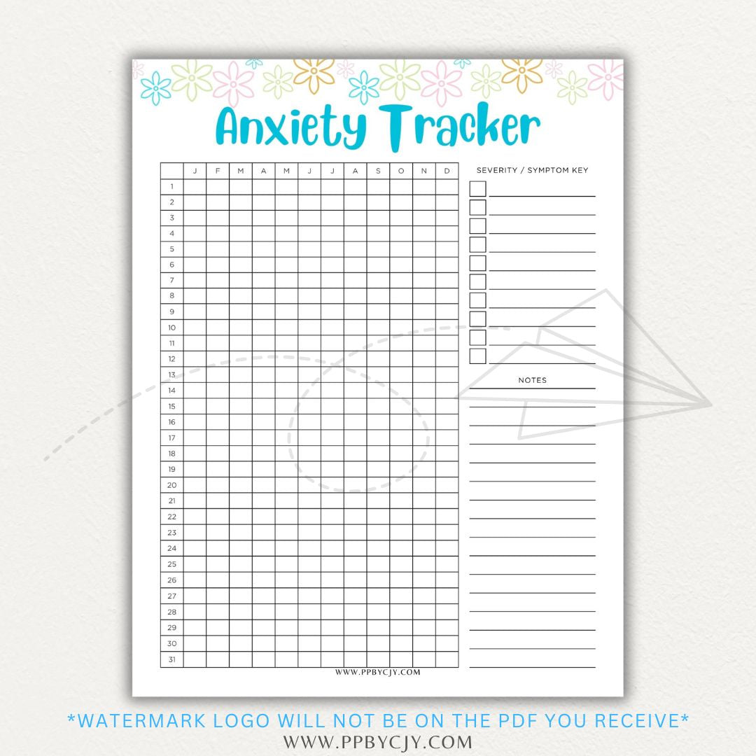 Anxiety tracker printable PDF template with sections for logging daily anxiety levels, triggers, coping strategies, and patterns for mental health awareness.

