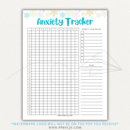 Anxiety tracker printable PDF template with sections for logging daily anxiety levels, triggers, coping strategies, and patterns for mental health awareness.

