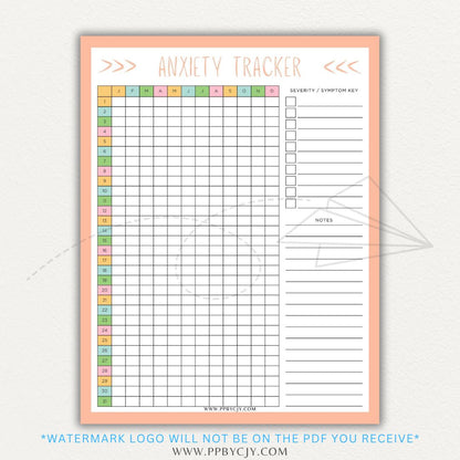 Anxiety tracker printable PDF template with sections for logging daily anxiety levels, triggers, coping strategies, and patterns for mental health awareness.

