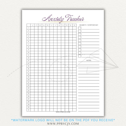 Anxiety tracker printable PDF template with sections for logging daily anxiety levels, triggers, coping strategies, and patterns for mental health awareness.

