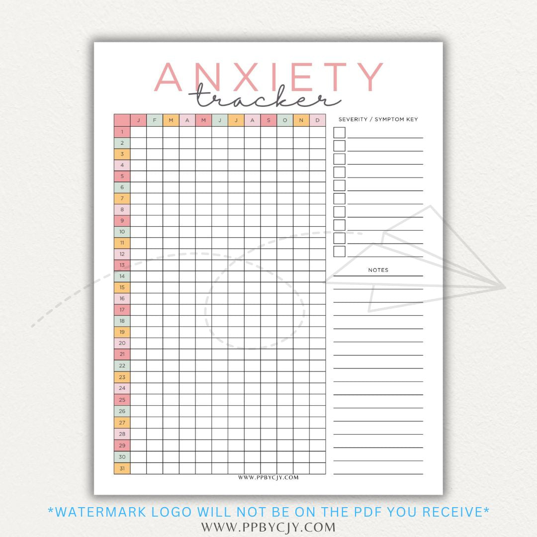 Anxiety tracker printable PDF template with sections for logging daily anxiety levels, triggers, coping strategies, and patterns for mental health awareness.

