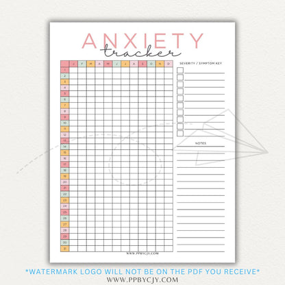 Anxiety tracker printable PDF template with sections for logging daily anxiety levels, triggers, coping strategies, and patterns for mental health awareness.

