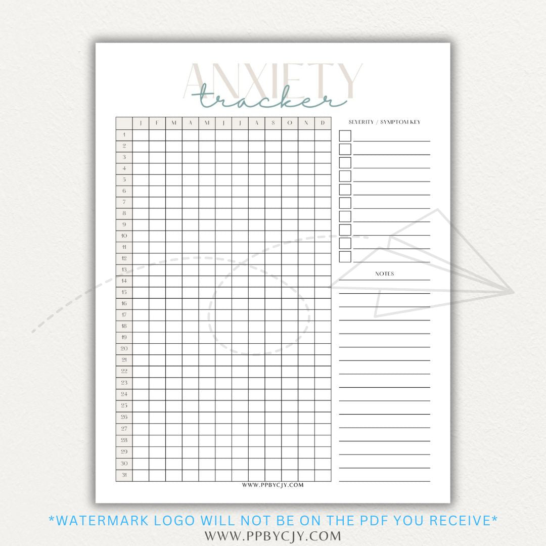 Anxiety tracker printable PDF template with sections for logging daily anxiety levels, triggers, coping strategies, and patterns for mental health awareness.

