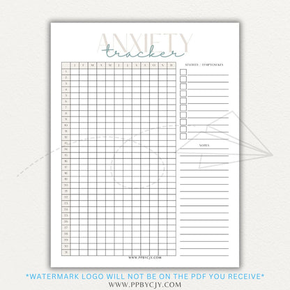 Anxiety tracker printable PDF template with sections for logging daily anxiety levels, triggers, coping strategies, and patterns for mental health awareness.

