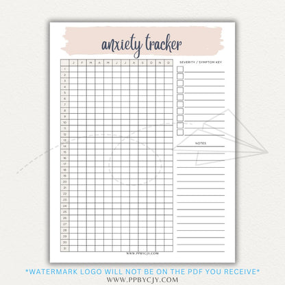 Anxiety tracker printable PDF template with sections for logging daily anxiety levels, triggers, coping strategies, and patterns for mental health awareness.

