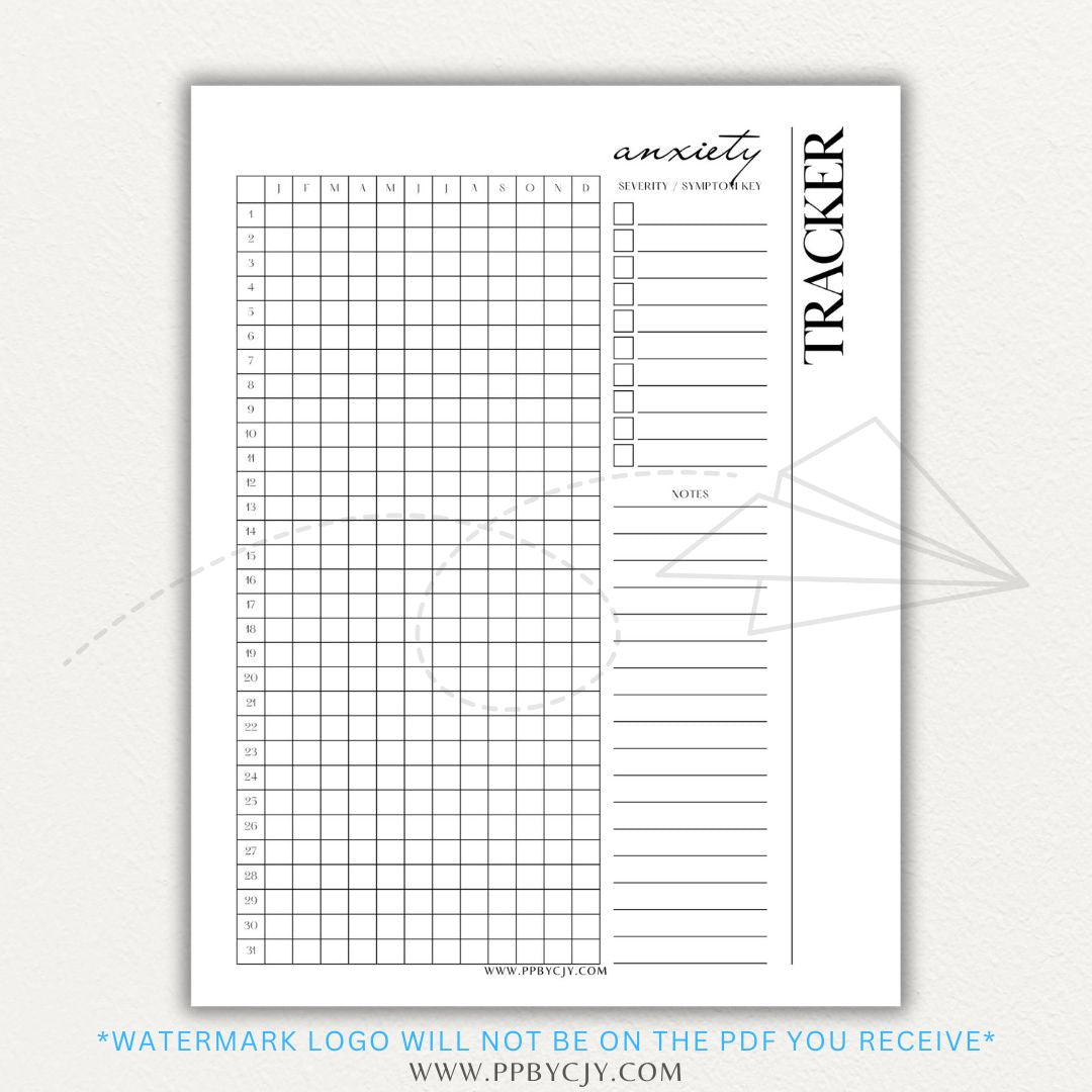 Anxiety tracker printable PDF template with sections for logging daily anxiety levels, triggers, coping strategies, and patterns for mental health awareness.

