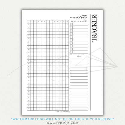 Anxiety tracker printable PDF template with sections for logging daily anxiety levels, triggers, coping strategies, and patterns for mental health awareness.

