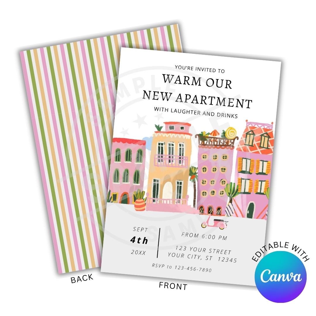 Invitation card with colorful building design and striped back, featuring Canva logo.
