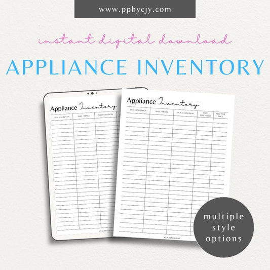 Appliance Home Inventory Printable Template – Digital Download for Tracking and Managing Home Appliances