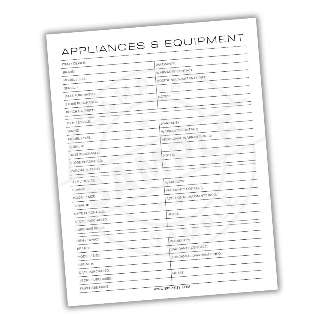 Sheet of paper with a list titled 'Appliances & Equipment' on a white background