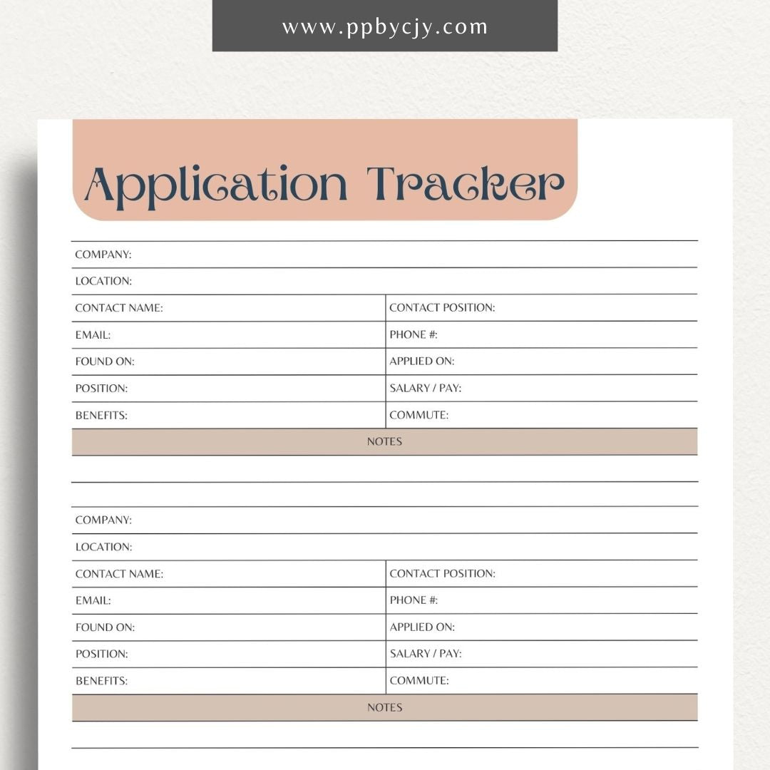 Job Application Tracker Printable Template – Digital download for monitoring and managing job applications, including application status, company details, and follow-up actions.