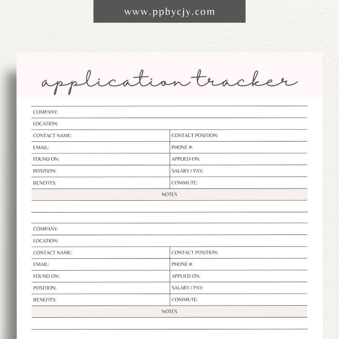 Job Application Tracker Printable Template – Digital download for monitoring and managing job applications, including application status, company details, and follow-up actions.