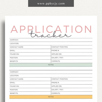 Job Application Tracker Printable Template – Digital download for monitoring and managing job applications, including application status, company details, and follow-up actions.