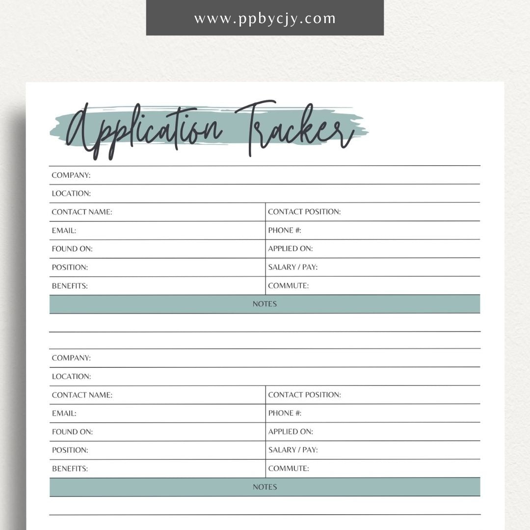 Job Application Tracker Printable Template – Digital download for monitoring and managing job applications, including application status, company details, and follow-up actions.