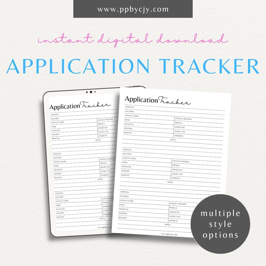 Job Application Tracker Printable Template – Digital download for monitoring and managing job applications, including application status, company details, and follow-up actions.