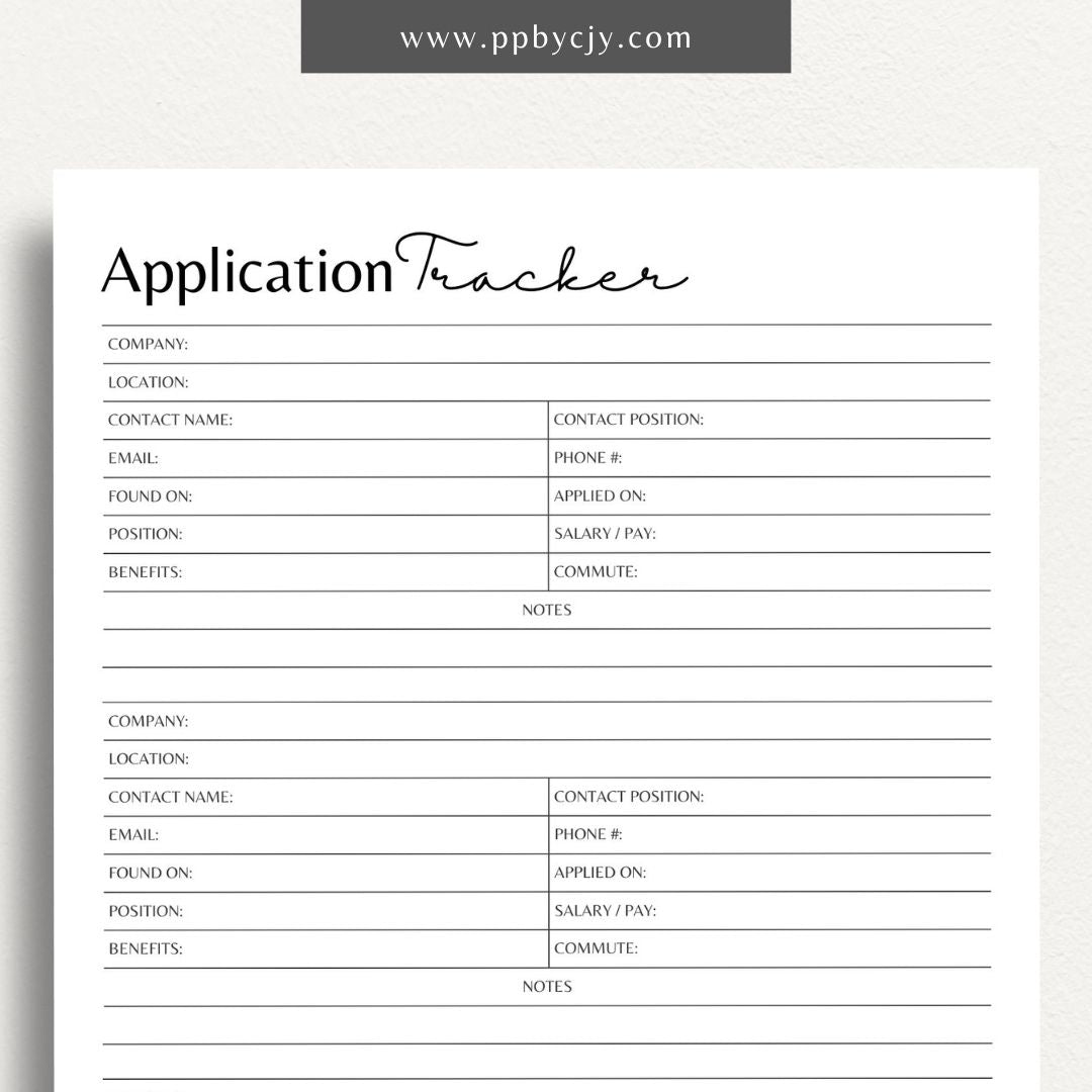 Job Application Tracker Printable Template – Digital download for monitoring and managing job applications, including application status, company details, and follow-up actions.