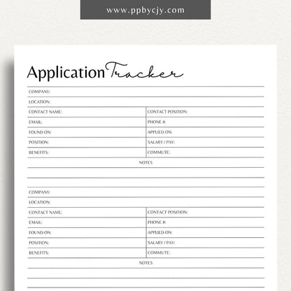 Job Application Tracker Printable Template – Digital download for monitoring and managing job applications, including application status, company details, and follow-up actions.