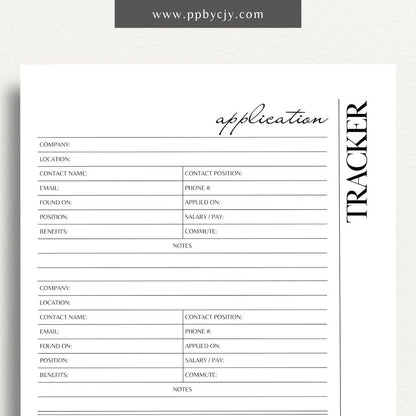 Job Application Tracker Printable Template – Digital download for monitoring and managing job applications, including application status, company details, and follow-up actions.