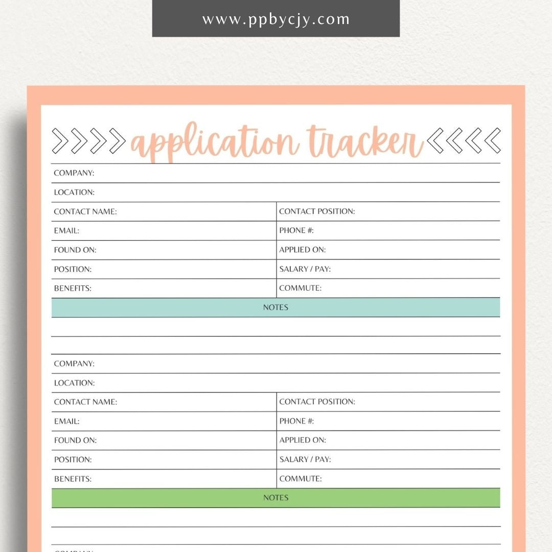 Job Application Tracker Printable Template – Digital download for monitoring and managing job applications, including application status, company details, and follow-up actions.