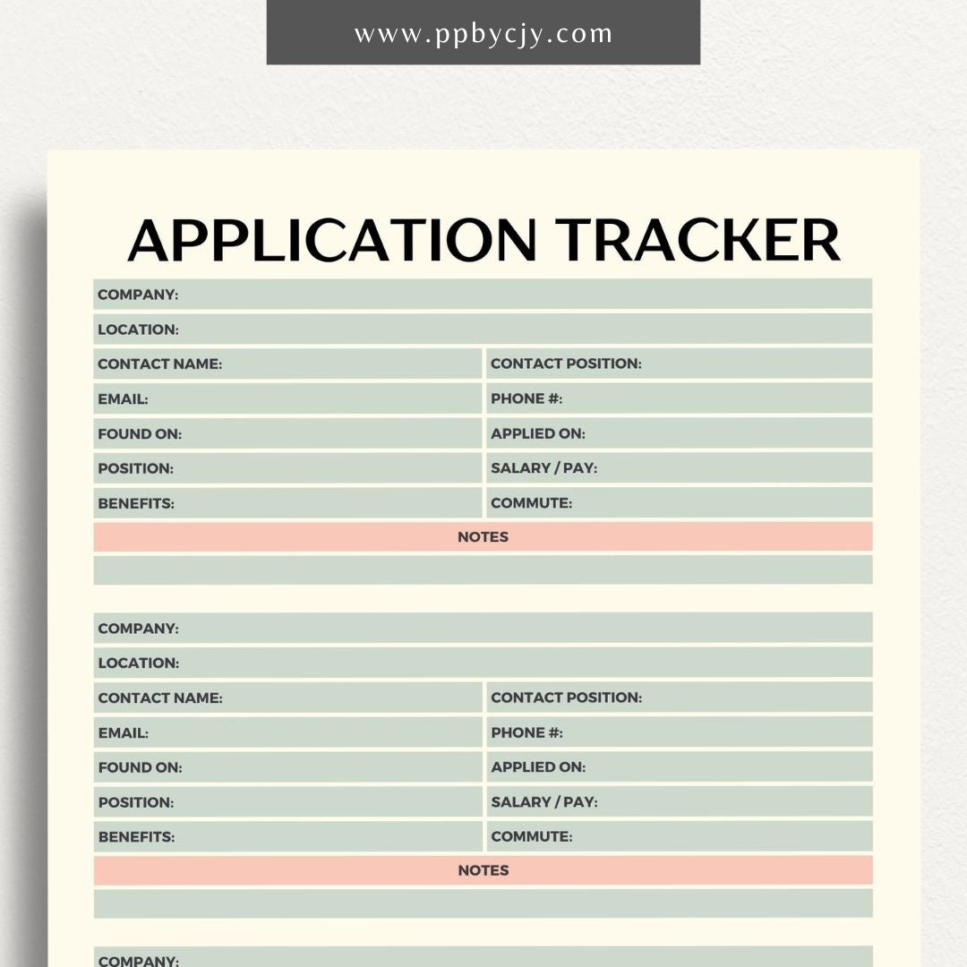 Job Application Tracker Printable Template – Digital download for monitoring and managing job applications, including application status, company details, and follow-up actions.