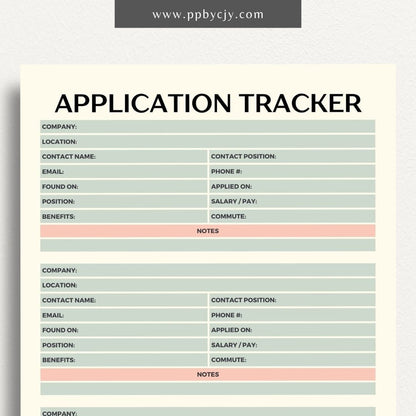 Job Application Tracker Printable Template – Digital download for monitoring and managing job applications, including application status, company details, and follow-up actions.