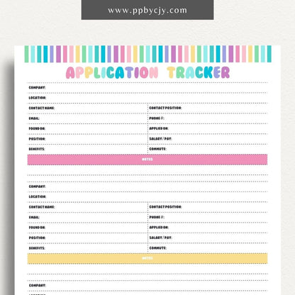 Job Application Tracker Printable Template – Digital download for monitoring and managing job applications, including application status, company details, and follow-up actions.