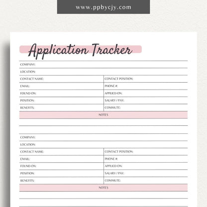 Job Search Application Tracker Printable PDF Template