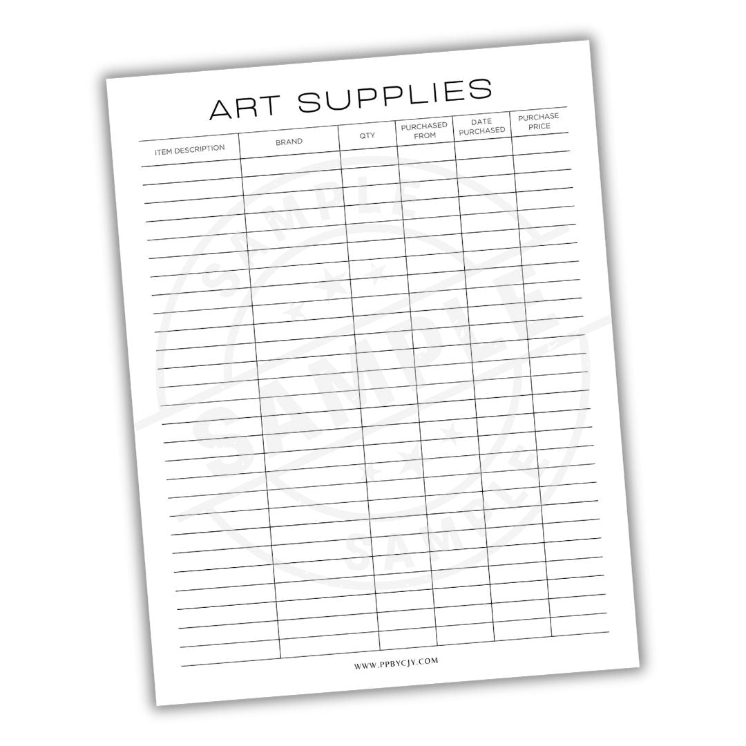Art supplies inventory sheet with columns for item description, brand, quantity, purpose, purchase date, and price.